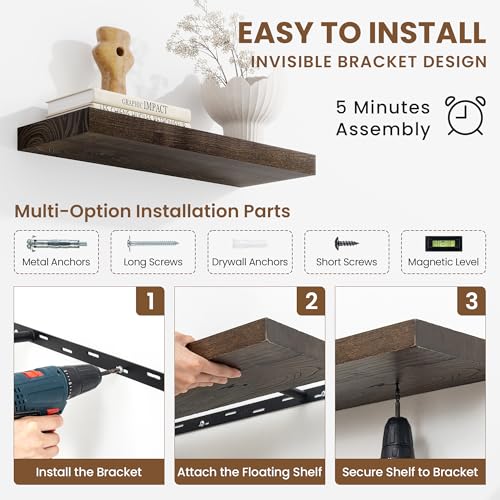 Image of Acovy Extra Deep 72 inch Long Rustic Solid Wood Floating Shelves for Wall, Wall Shelves with Invisible Bracket for Living Room Bathroom Bedroom Kitchen, Set of 1, Walnut