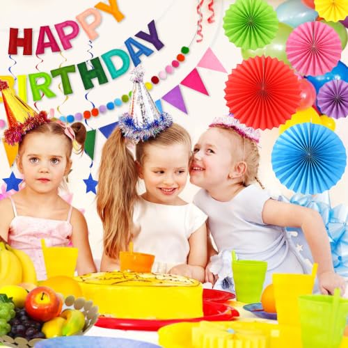 Image of CANREVEL 17 PCS Pre-Strung 3D Rainbow Happy Birthday Banner, Multi Streamer
