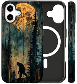 flewfun Magnetic for iPhone 16 Bigfoot Phone Case Full Moon Forest Night