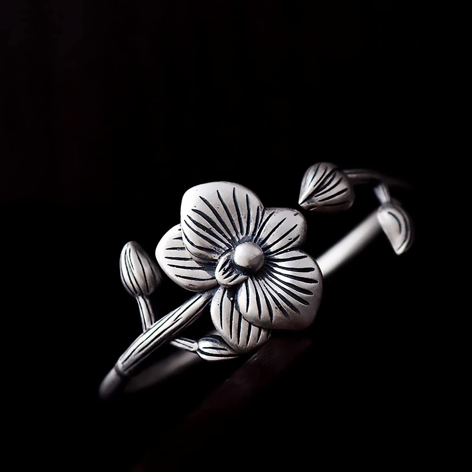 catene a catena, regolabili; Bracciale rigido aperto in argento sterling S990 for donna con motivi di loto e orchidea, 42 g