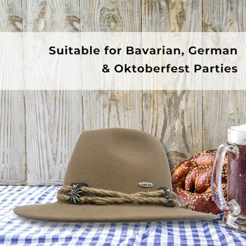 Image of German Oktoberfest Hat - 100% Wool Alpine Tyrolean Fedora with Edelweiss Pin & Rope - Charcoal Bavarian Hat for Men & Women