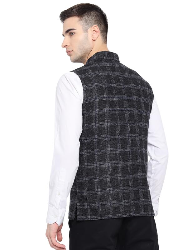 Image of Vastraa Fusion Mens Pure Wool Export-Quality Indian Traditional Nehru Jacket (VS4401D-42 Black-Check 42 - XL)