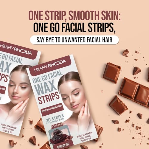 Image of Hilary Rhoda One Go Facial Wax Strips | Ready-To-Use Facial Wax Strips | Face, Cheek, Upper Lip & Chin Facial Wax | Painless Hair Removal | With 2 Finish Wipes | 20 Strips (Chocolate - Shade 04)