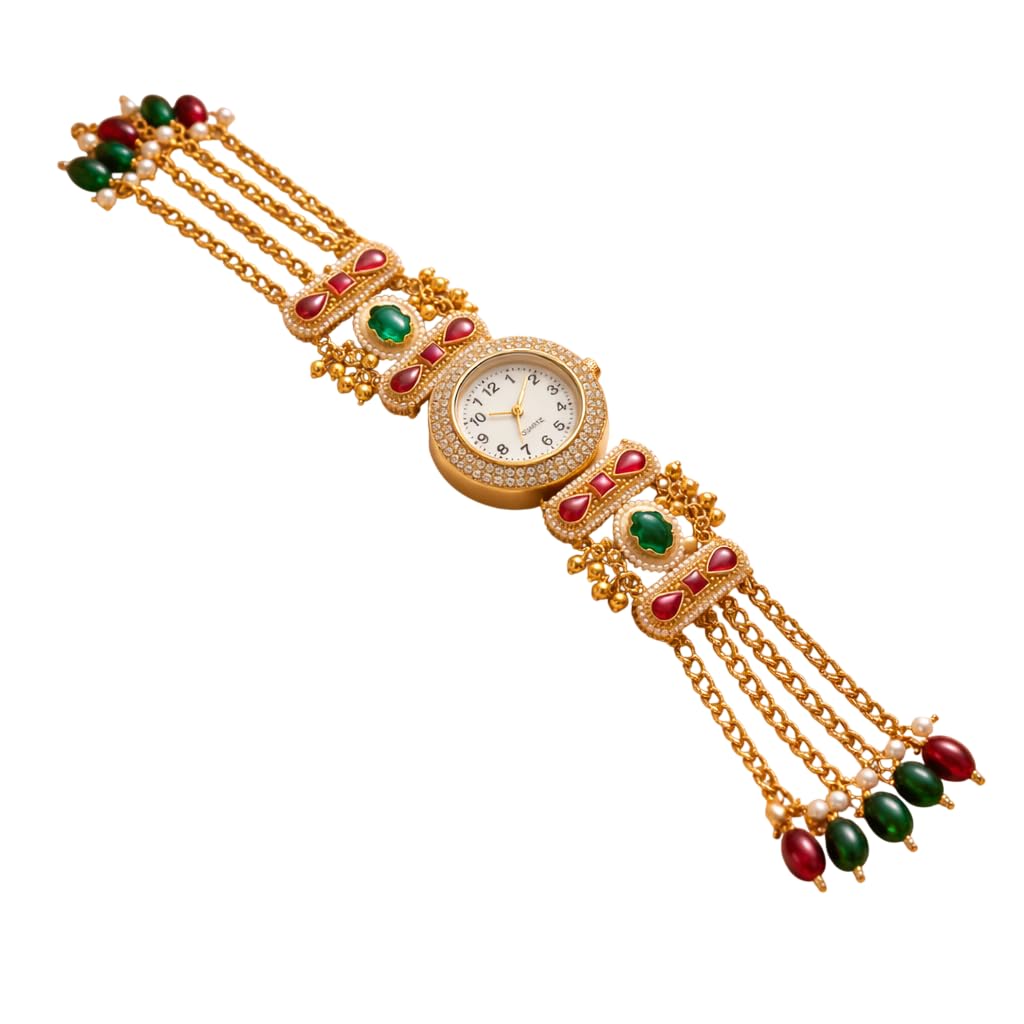 Kashmiri Watch with Colorful Beads, Gold Chain, Traditional Design-image-48