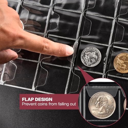 Coin Collection Book Supplies Holder Album for Collectors, 300 Pockets Pressed Coin Sleeves Display Storage Case for Multi-coins Collections Holders, Quarters, Pennies, Silver Dollar-Red - Thumbnail 2
