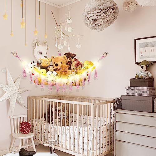 Image of CERETIA Stuffed Animal Hammock with LED Light, Large Stuffed Animals Storage Corner Plushie Net for Kids Room Decor, Pink