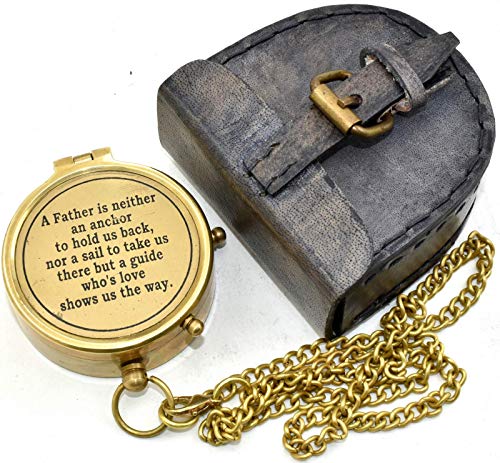 Boussole en laiton gravé cadeau pour papa avec son étui en cuir vintage et durable