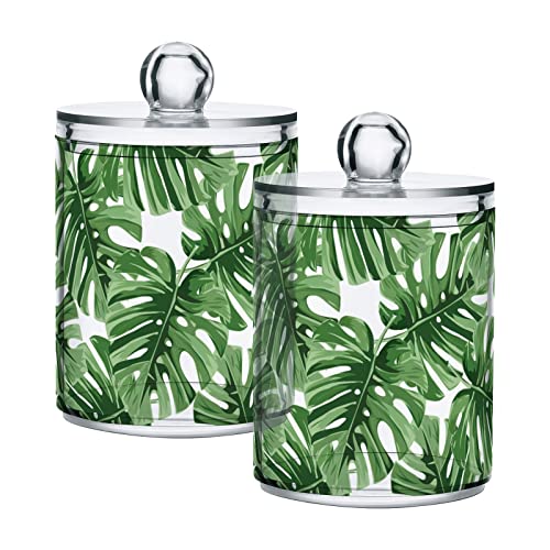 xigua 2 Pack Tropical Palm Leaves Apothecary Jars with Lid, Qtip Holder Storage Containers for Cotton Ball, Swabs, Pads, Clear Plastic Canisters for Bathroom Vanity Organization (10 Oz)
