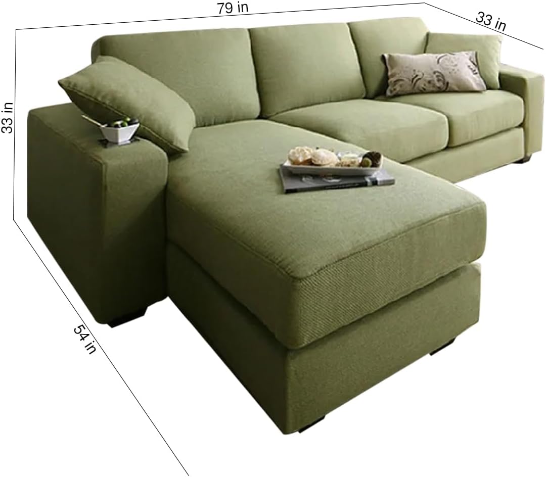 FURNY Junno 4 Seater Fabric LHS L Shape Sofa Set (Green)