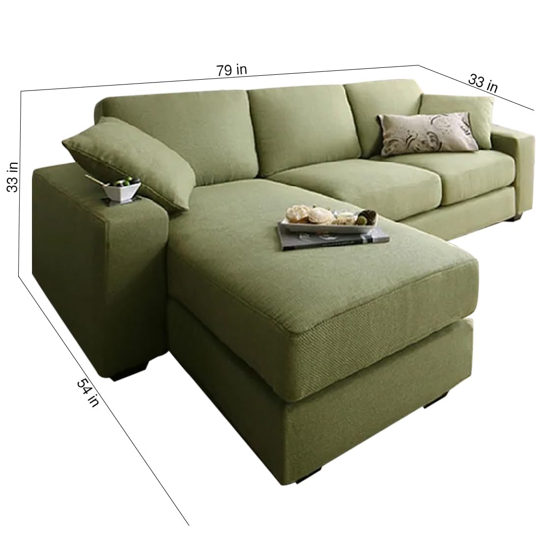 FURNY Junno 4 Seater Fabric LHS L Shape Sofa Set (Green)