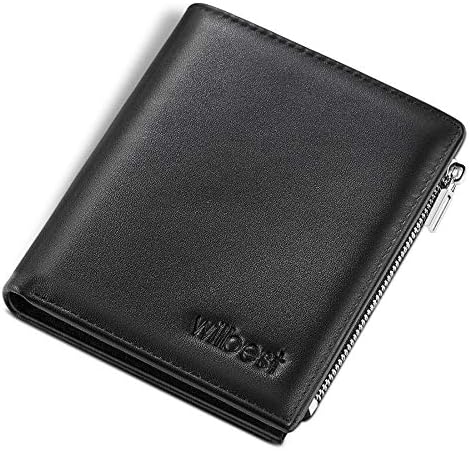wilbest® Wallet Mens RFID Blocking with Zip Coin Pocket, Genuine Leather Trifold Vertical Wallets for Men with 12 Credit Card Holders (2 ID Windows) and 2 Banknote Compartments with Gift Box- Black