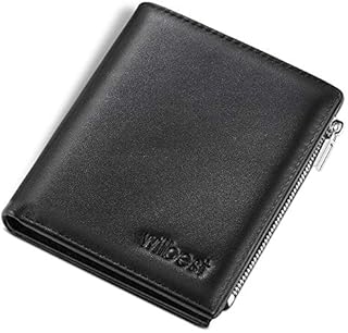 wilbest® Wallet Mens RFID Blocking with Zip Coin Pocket, Genuine Leather Trifold Vertical Wallets for Men with 12 Credit Card Holders (2 ID Windows) and 2 Banknote Compartments with Gift Box- Black