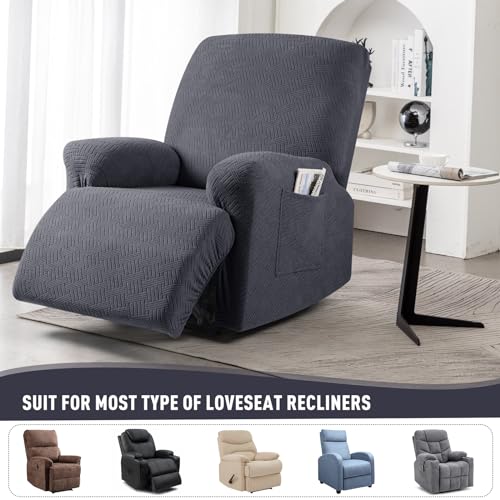 Image of KinCam Recliner Covers, Stretch Reclining Chair Covers, Recliner Sofa Slipcovers Stripe Jacquard Recliner Couch Covers Furniture Protector Covers for Pet Kid (1 Seater, Charcoal Gray)