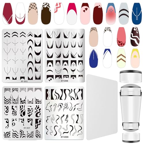 French Line Nail Stamper Plates Kit, 4Pcs Nail Stamping Plates + Dual-end Silicone Nail Stamper Tool Set, French Tip Geometric Wave Strips Snake Art Printing Template Home Salon DIY Design Manicure