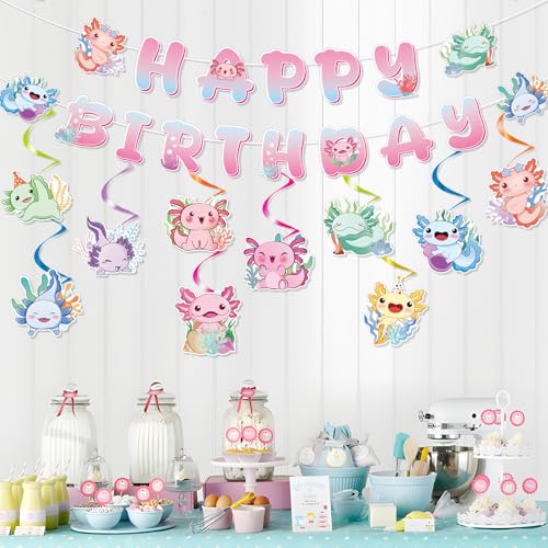 Image of Gameza Colorful Axolotl Birthday Decorations - 12PCS Axolotl Party Decorations Happy Birthday Banners Hanging Swirls Cute Funny Pink Blue Green Yellow Animals Themed Party Decor Supplies