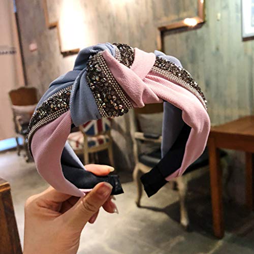 MHDGG Knotted Headbands Rhinestone Headband for Women Girls Wide Striped Headbands Stitching Color Hairband Hair Hoops Head Band Turban Headband Hair Band,Light Blue+Pink