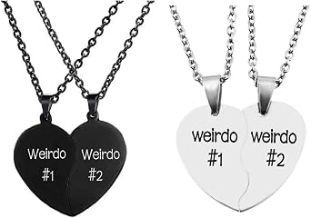 MJartoria Bundle -Best Friend Necklaces BFF Necklace for 2 Friendship Valentines Day Gifts Split Heart Necklace Weirdo 1 Weirdo 2 Best Friends Forever Pendant Set