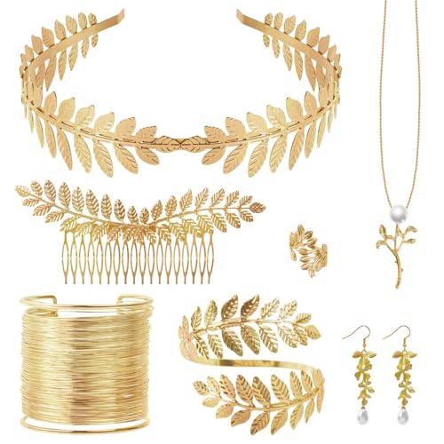 NZZVNZ 7Piezas Juego de joyería de novia Hoja de Laurel,Joyas de la diosa griega,Tiara de laurel Romana,Hoja de Laurel de Oro Accesorios de Disfraces,Fiesta, Baile, Disfraces de Boda