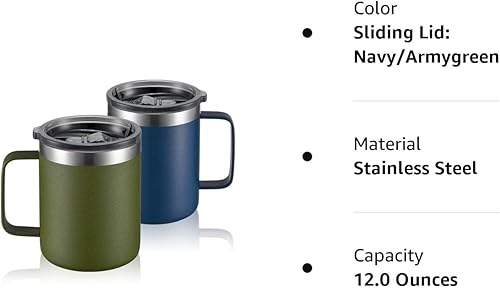 Miniatura 8 de ALOUFEA Taza de café aislada de acero inoxidable de 12 onzas con asa, taza de viaje al vacío de doble pared, vaso con tapa abatible, azul marino y