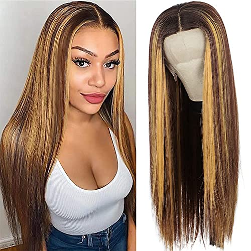 Nnzes Blond Highlight Lace Front Wig Platinum Blond Long Straight Synthetic Lace Front Wigs for Women Middle Part Blonde Highlight Lace Front Wig 26 Inch T Part Blond Hair Wigs for Daily Party Wear