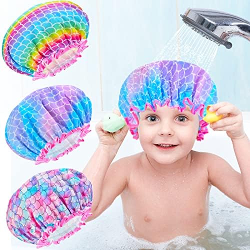 OlyPegic 3 Pack Kids Shower Cap for Girls, Bonnet Toddler Shower Cap, Double Layers Adjustable Reusable Waterproof Bathing Hair Cover for Shower Cap Hat Satin Lined Silk Cute Mermaid Washable