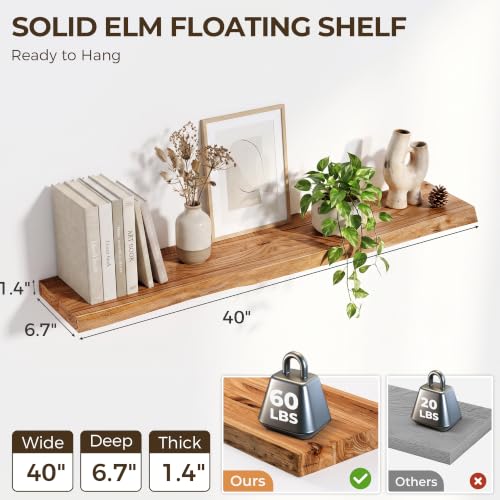 Image of Live Edge Elm Floating Shelves - 40 In Rustic Solid Wood Shelves with Heavy-Duty Invisible Bracket, Wall-Mounted Wooden Shelf for Living Room, Bathroom, Kitchen Storage & Display, Set of 2, Natural