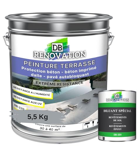 DB Rénovation PEINTURE SOL TERRASSE Extérieur pour béton, pavé - Forte protection UV - Haute imperméabilité - Passage fréquent - Gris fenêtre 5,5KG + 1L Diluant