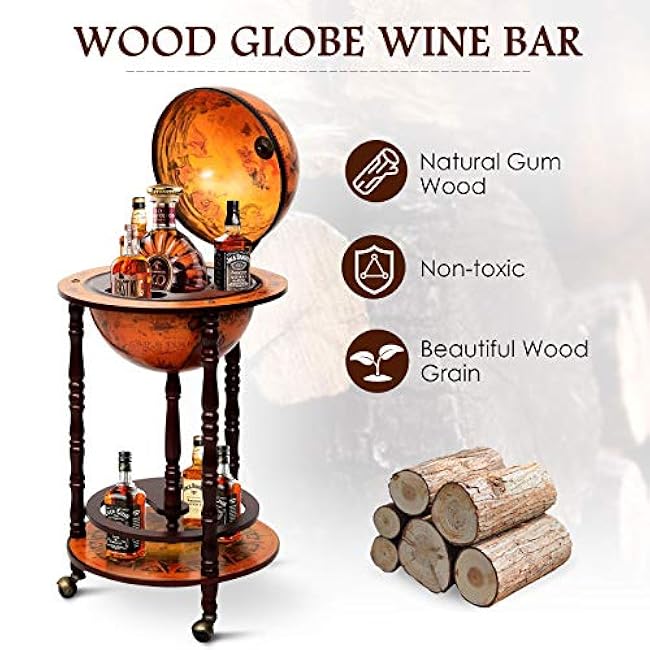 HAPPYGRILL Globe Bar, 17.5¡± Wine Bar Stand Italian Wooden Globe Wine Cart Liquor Bottle Shelf, 16th Century Retro Wine Cupboard with Wheels for Dining Room Living Room, Retro Brown