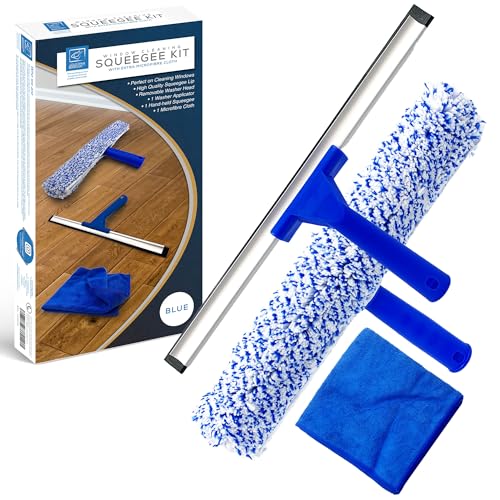 Rubber Squeegee Window Cleaner and Microfibre Glass Wiper, Twin Pack 14” Multipurpose Professional Cleaning Kit for Window, Car, Bathroom & Shower