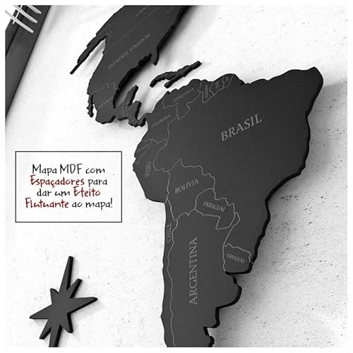 #Mapa-Múndi MDF Ultra c/Nome e Divisão Países + Espaçadores (Efeito Flutuante) + 150 Pins Adesivos (