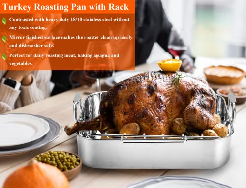 Wezvix Stainless Steel Roasting Pan With Rack, 16.5 Inch Rectangular Turkey Roaster Lasagna Pan For Roasting Turkey, Chicken, Meat & Vegetables, Non-Toxic & Heavy Duty, Easy Clean & Dishwasher Safe #TOP2
