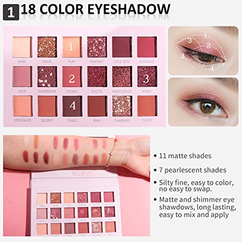 Lookmee All In One Makeup Kit, Makeup Kit For Women Full Kit, Full Makeup Essential Starter Kit For Beginners Or Pros, 18 Colors Naked Eyeshadow Palette Nude Face Primer, Makeup Brush, Makeup Sponge, Eyebrow Powder, Winged Eyeliner Stamp (Seta) #TOP2