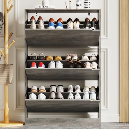 Image of Xixini Shoe Storage Cabinet for Entryway with 3 Flip Drawers, Sturdy Wood Hidden Shoe Storage, Freestanding Narrow Slim Shoe Organizer for Front Door Entrance, Living Room, Hallway, Bedroom, Grey