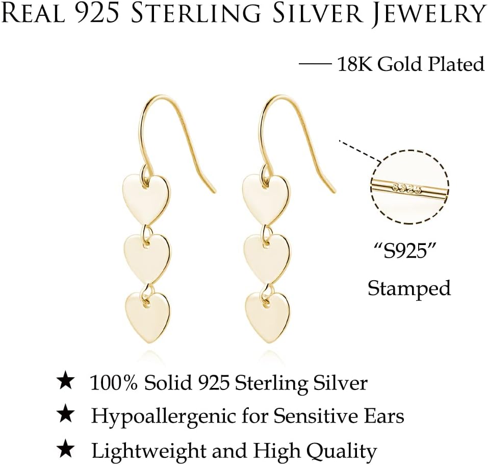 Reffeer Solid 925 Sterling Silver Love Heart Drop Earrings for Women Teen Girls Sweet Heart Dangle Earrings Hook Earrings