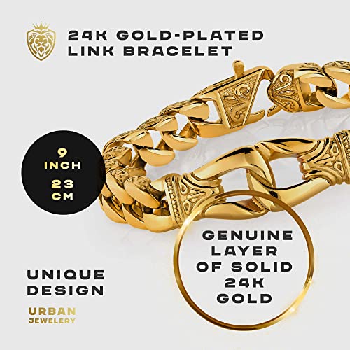 Urban Jewelry Men’s 24K Gold Plated Link Bracelet Collection – Fleur De Lis Chain & Intricate Black Detail, 8.5–9 Inch, Scratch‑Resistant, Secure Clasp, Gift Box2