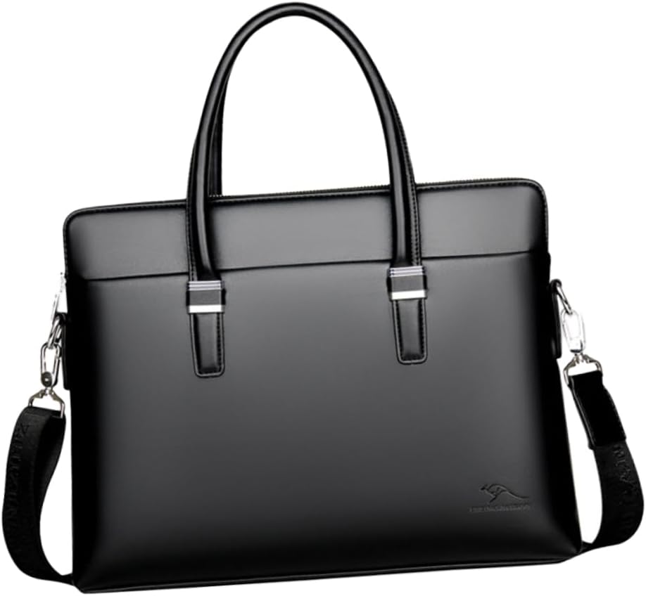 Cow Leather Briefcase Durable Laptop Bag for Men Wear-resistant Bag with Compartment for Travel and Work Black