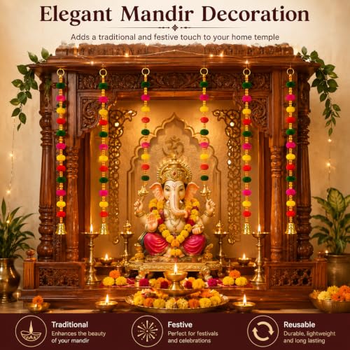 Image of Bindian Pom Pom Beads & Golden Bell Toran for Main Door, Pack of 5 Door Hanging Decorative Items, Home Decor Wall Hanging Decoration, Pooja Room Decor, Festival Decoration