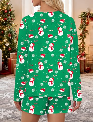 JUSTFASHIONNOW Christmas Pajamas Women Lounge Set 2 Piece Outfits Loungewear Sweatsuit Long Sleeve Snowman Print Pajamas Split Short Sets Soft Casual Crew Neck Sleepwear Pjs (Green, Medium) — view 5