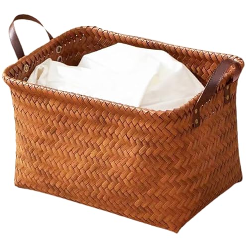 SOESFOUFU Cesta para Ropa Sucia Tejida a Mano Asas de Pu Color Miel, Cesta Rectangular 38x28x24 Cm, Multiusos para Lavandería, Dormitorio y Almacenamiento de Juguetes