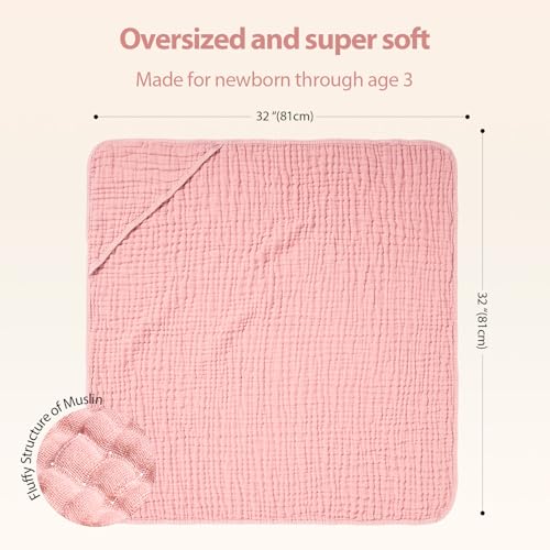 Image of Unnivoll Hooded Baby Towels for Newborn - 2 Pack, 100% Muslin Cotton, Baby Bath Towels with Hood, Soft and Absorbent for Girls Infant, Toddler and Kids, Large 32x32 Inches, Newborn Essential