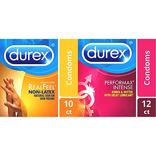 Non-Latex Durex Avanti Bare RealFeel Condom, 10 ct HSA Eligible and Ultra Fine, Ribbed, Dotted with Delay Lubricant, Durex Performax Intense Natural Latex Condoms, 12 Count
