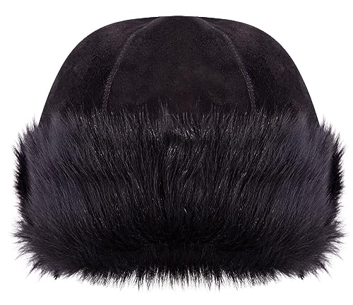 Image of Black 100% Sheepskin Shearling Leather Toscana Beanie Round Ushanka Russian Hat