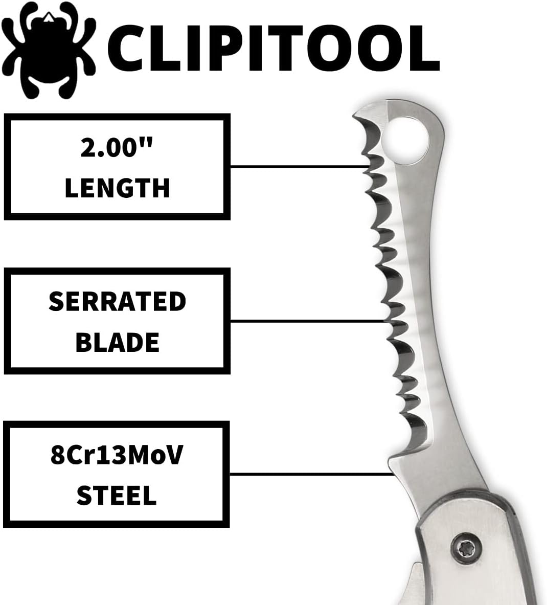 Spyderco ClipiTool Folding Utility Knife with Stainless Steel Handle Plain and Serrated Edge, Full-Flat, 8Cr13MoV Steel Blade and SlipJoint System - C176P&S