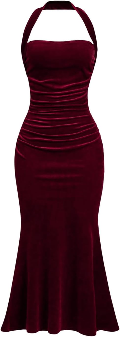 VerdusaWomen's Backless Halter Neck Fishtail Dress Velvet Bodycon Party Dress