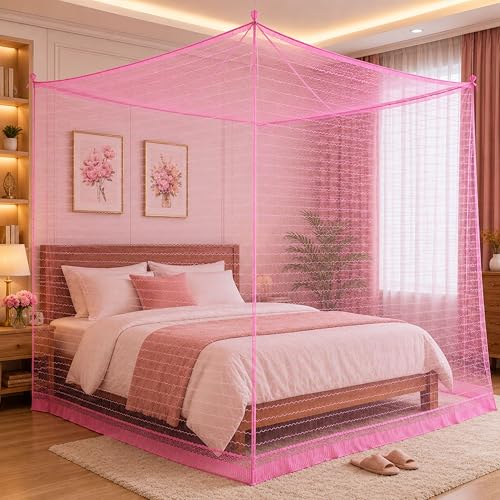 Image of Mosquito Net for King Size Bed & Double Bed (6x7 ft, Wall /Hook Hanging) Poly-Cotton Blend Fabric with Zigzag Wave Line Pattern, Pre-Fitted Bottom & Cotton Ribbon (Frame Not Included-Bright Pink)