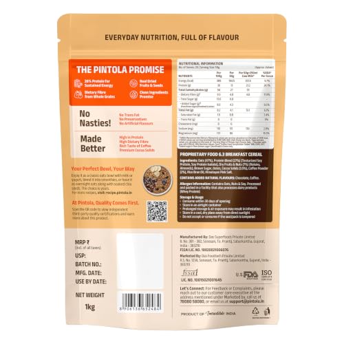 Image of Pintola 26g High Protein Caffe Mocha Oats 1kg, No Refined Sugar, with Almonds, Raisins, Pumpkin & Chia Seeds, 9.6g Fibre, Rolled Oats, Gluten Free, Breakfast Cereals