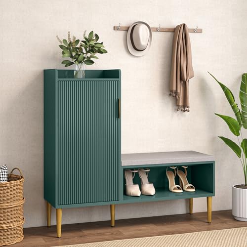 Image of Storage Bench with Fluted Door&Shelf, L-Shaped Entryway Bench | Green Modern Living Room Bench with Padded Seat, Small Shoe Organizer Cabinet for Hallway, Office