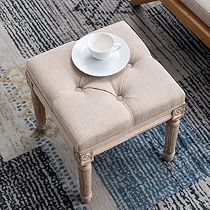Chairus square foot stool with button tufted seat small fabric upholstered short ottoman footrest stool bench padded french accent foot rest decor with rustic wood legs for living room beige  urban country home decor