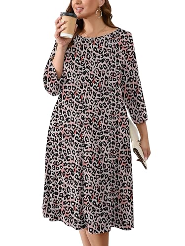 Image of AusLook Women's Plus Midi Dresses Crew Neck A Line 3 /4 Sleeves Casual Elegant Loose Wedding Vacation Dress with Pockets