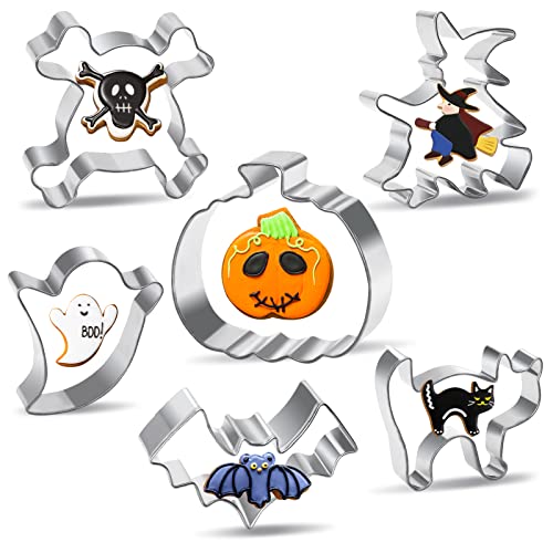 Halloween Cookie Cutters Baking Supplies - 6 Kit Holiday Fall Cookie Cutters Large Shapes Set for Kids Ghost Pumpkin Skull Witch Bat Cat Cookie Cutter Metal Mold for Halloween Party Favor Decorations
